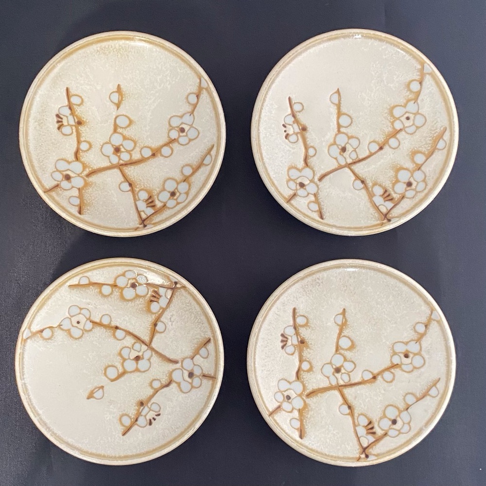 Kotobuki Japanese Cream and Brown Ceramic Saucers with Cherry Blossom Motif